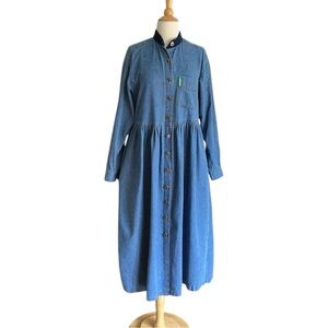 VINTAGE STUDIO 80s Denim MIDI Chore Dress Western Casual Prairie Pockets Size 8